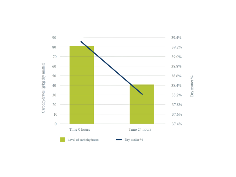 Graphique 2. Effet de la fermentation microbienne en RTM sur la teneur en matière sèche et en sucre en RTM dans les 24 heures suivant la production – étude Selko 2010
